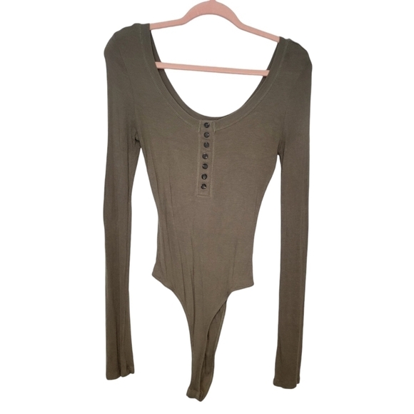 Lulu's Simply The Best Olive Green Thermal Henley Ribbed Bodysuit Size XL - Picture 1 of 5